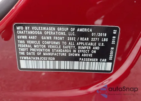 2018 Volkswagen Passat 2.0T Se z USA, uszkodzony, nr VIN 1VWBA7A39JC021529